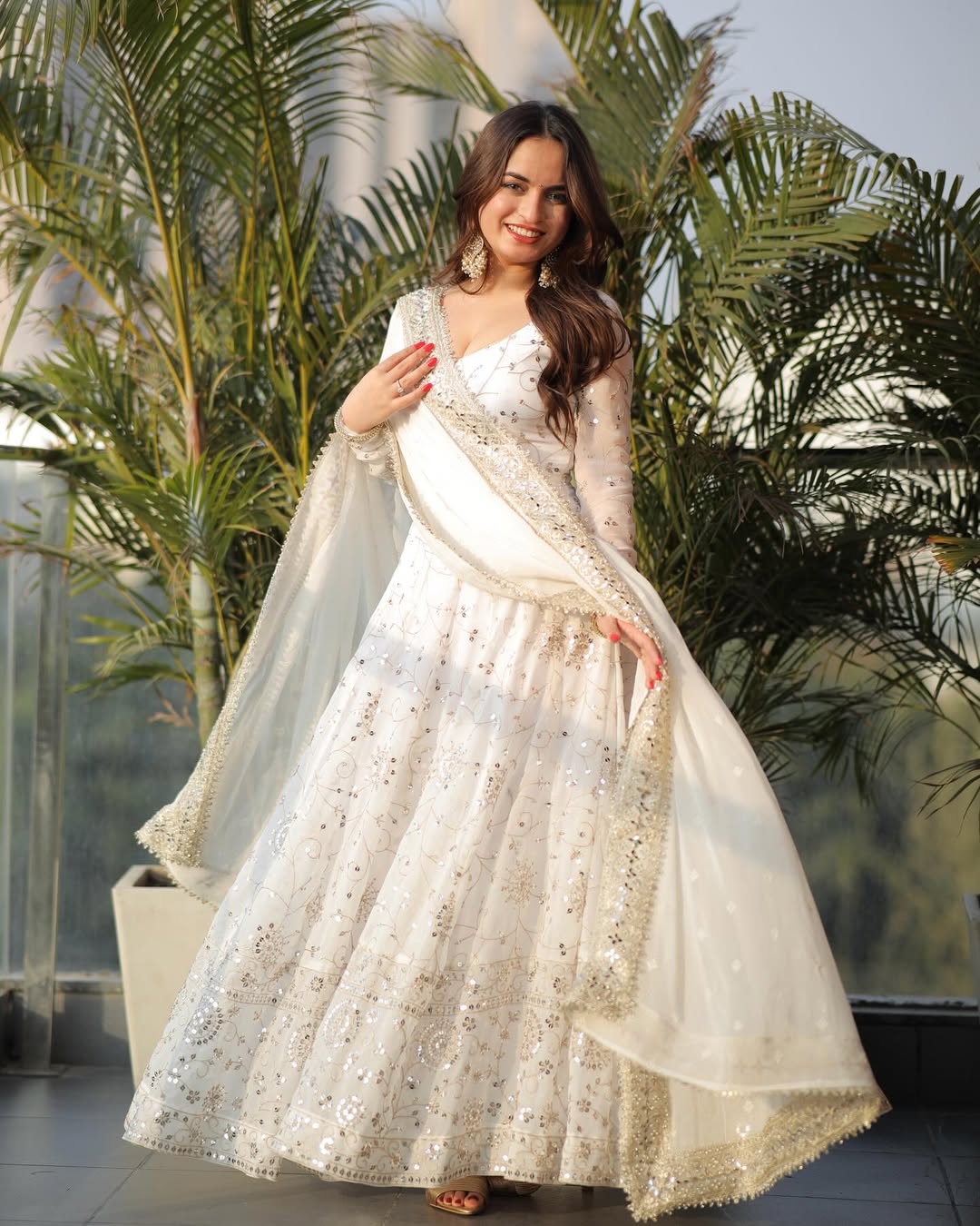 White Embroidered Sequence Anarkali Gown Set with Pant & Dupatta