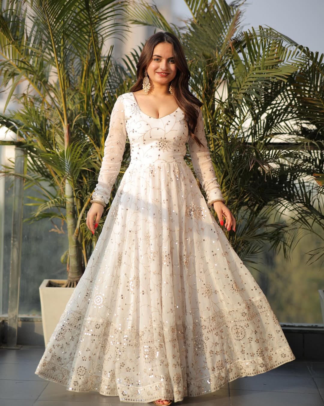 White Embroidered Sequence Anarkali Gown Set with Pant & Dupatta
