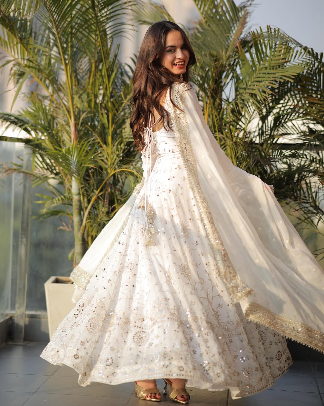 White Embroidered Sequence Anarkali Gown Set with Pant & Dupatta