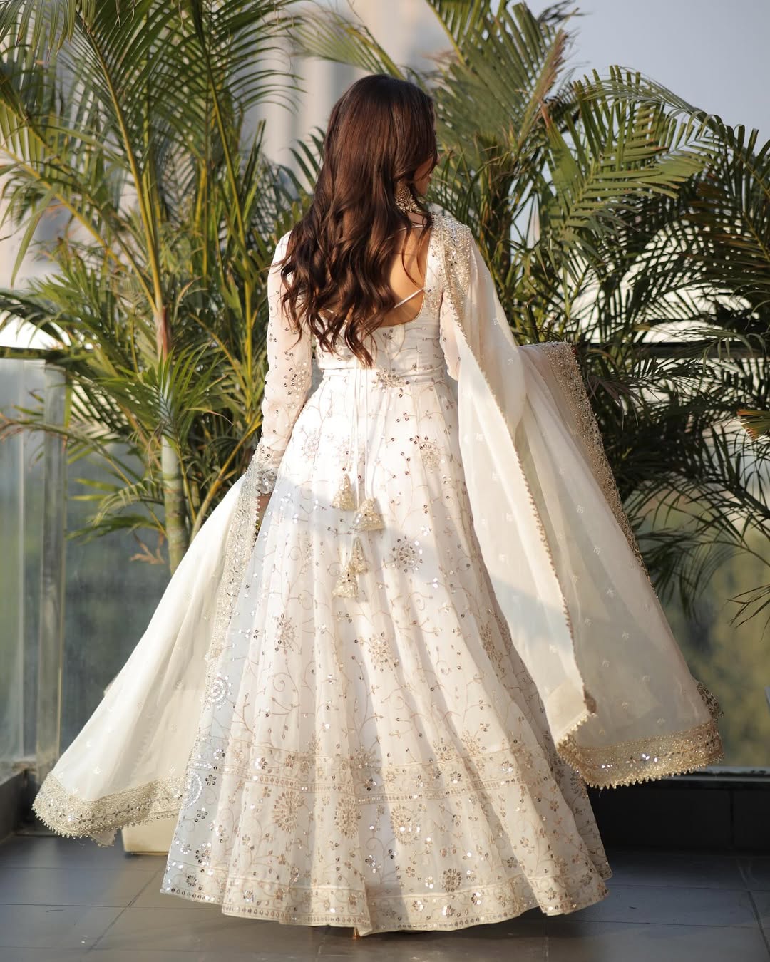 White Embroidered Sequence Anarkali Gown Set with Pant & Dupatta