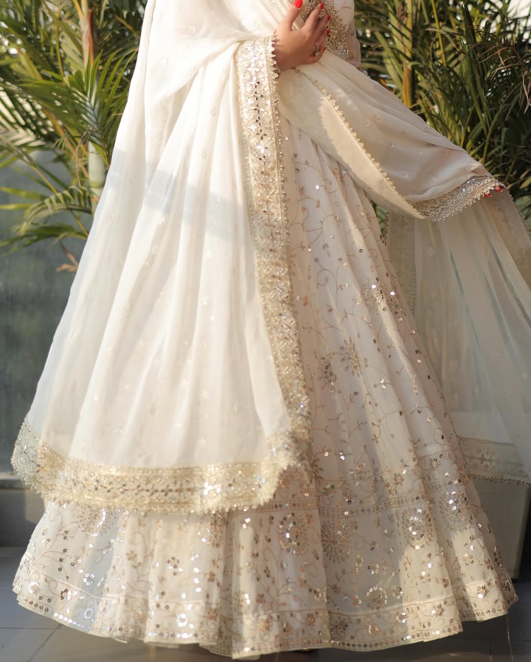 White Embroidered Sequence Anarkali Gown Set with Pant & Dupatta