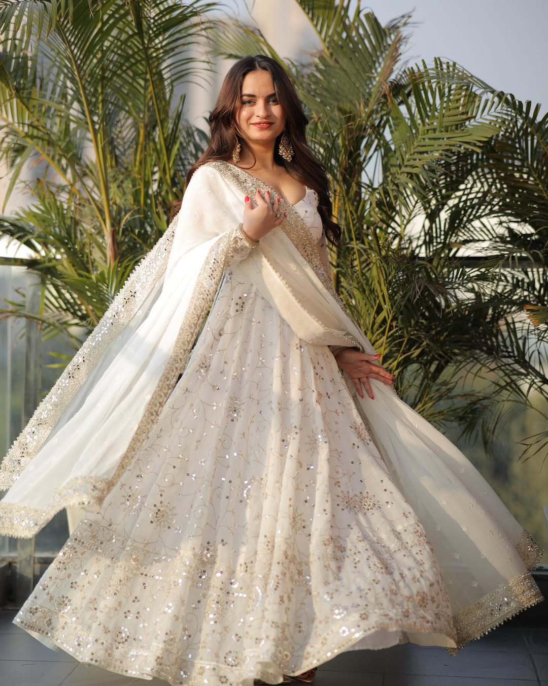White Embroidered Sequence Anarkali Gown Set with Pant & Dupatta