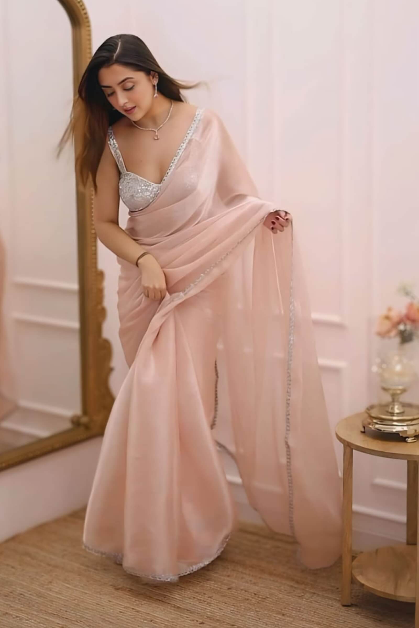 Premium Silk Saree with Fancy Silver Lace & Heavy Sequin Blouse