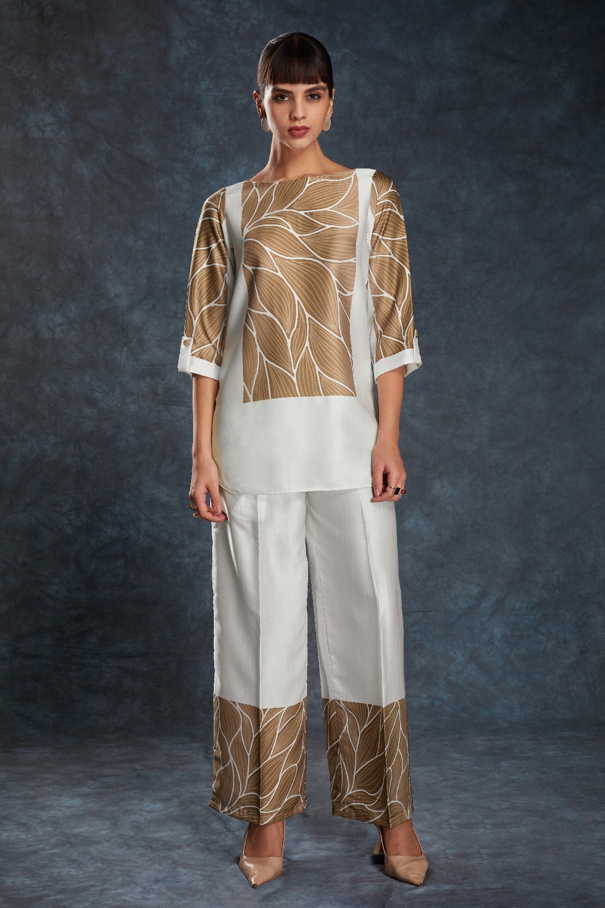 White Printed Linen Satin Co-Ord Set – Minimalist Luxe With  Modern Twist