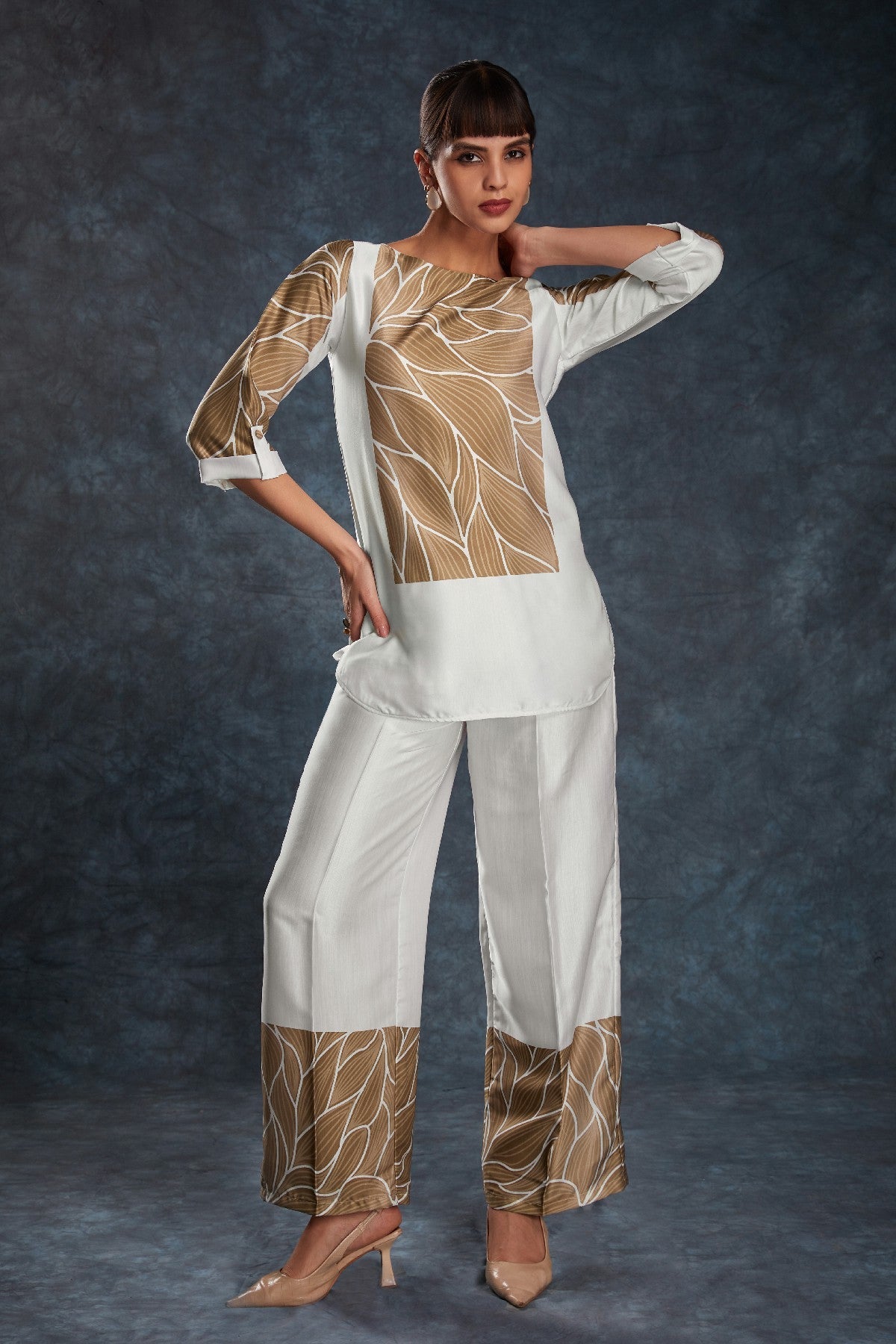 White Printed Linen Satin Co-Ord Set – Minimalist Luxe With  Modern Twist