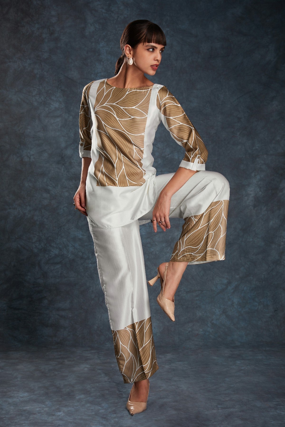 White Printed Linen Satin Co-Ord Set – Minimalist Luxe With  Modern Twist