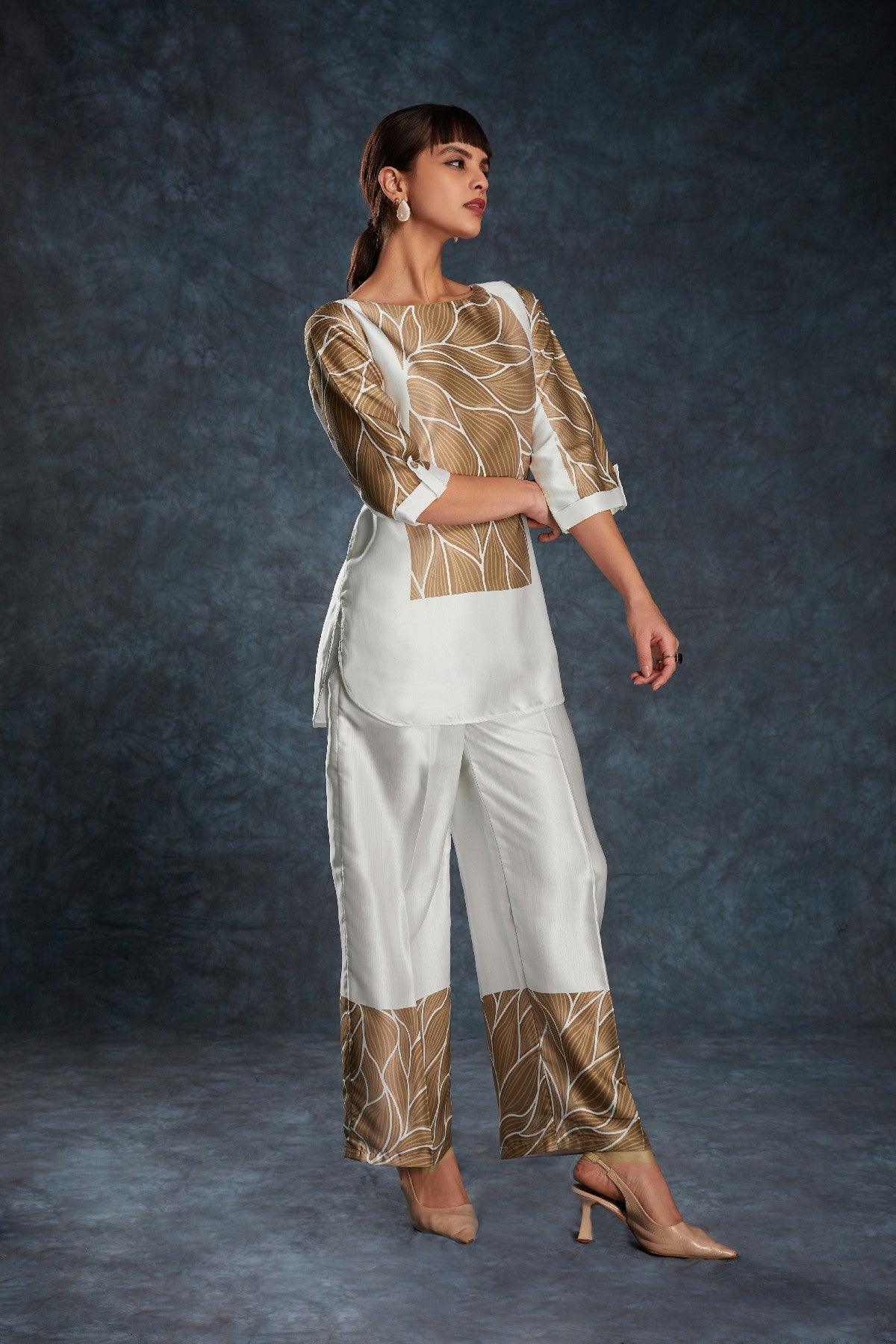 White Printed Linen Satin Co-Ord Set – Minimalist Luxe With  Modern Twist