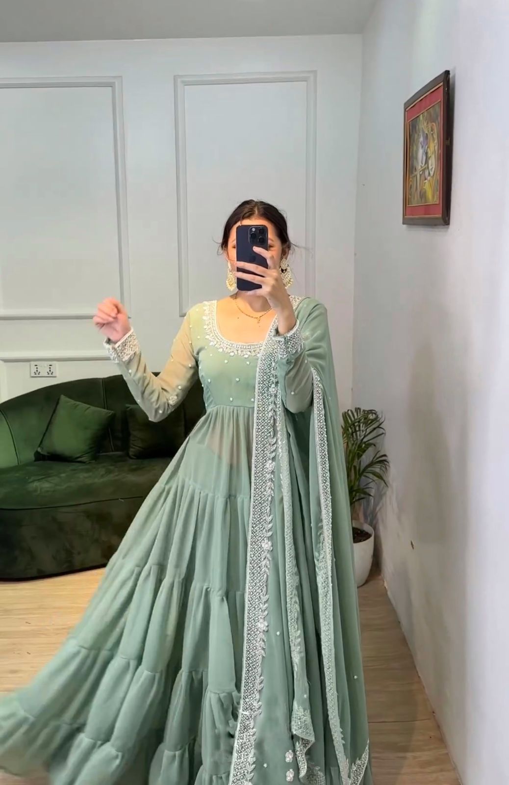 Sangeet Wear Trendy Pista Green Color Ruffle Style Anarkali Gown For Mehndi Wear