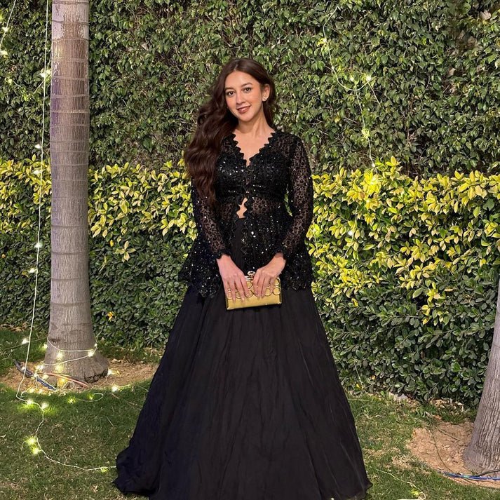 Reception Wear Designer Blazer Style Heavy Work Black Color Top With Lehenga