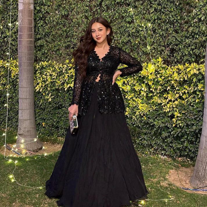 Reception Wear Designer Blazer Style Heavy Work Black Color Top With Lehenga