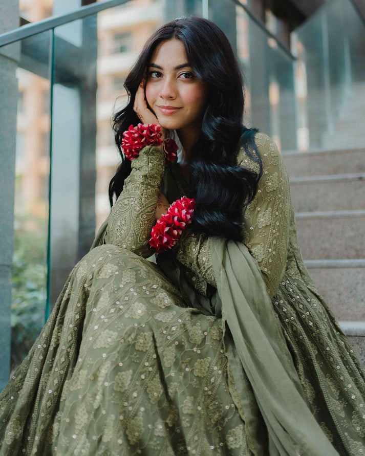 Mehndi Green Color Thread Sequence Work Gown For Mehndi Wear