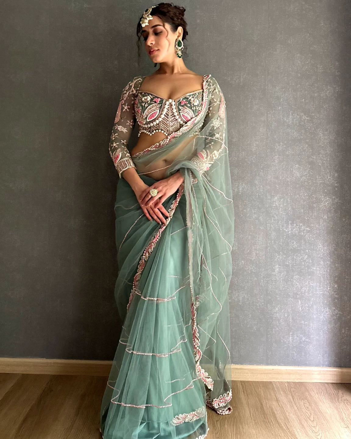 Embroidered Hand-Diamond & Pearl Work Saree with Kasturi Silk Blouse