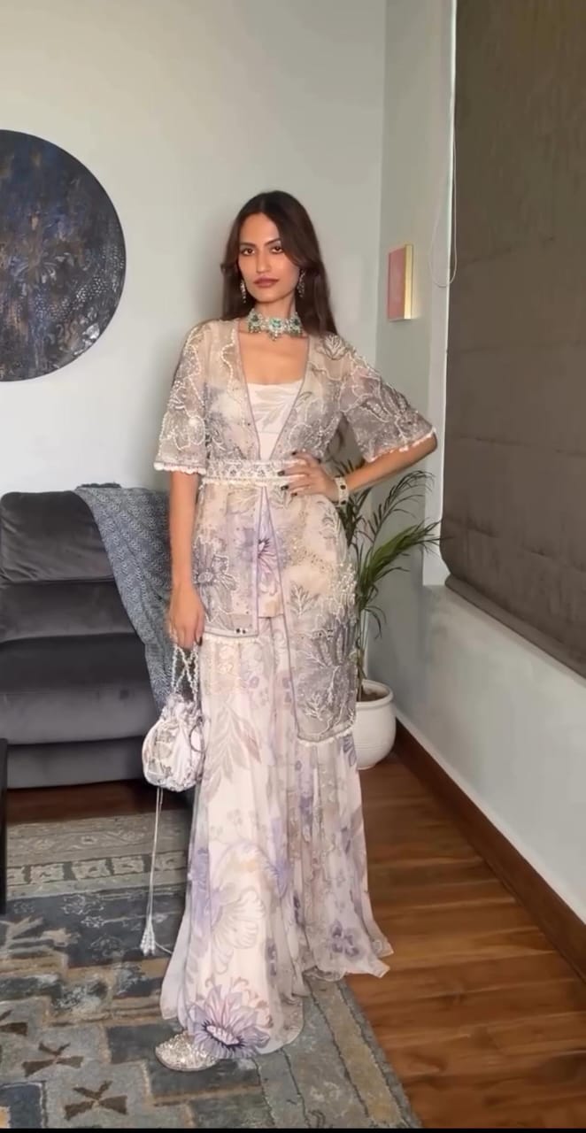 Floral Georgette Jacket Style Sharara Set with Pearl Work – Elegant Festive & Wedding Wear