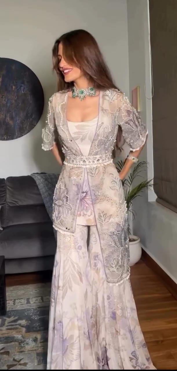 Floral Georgette Jacket Style Sharara Set with Pearl Work – Elegant Festive & Wedding Wear