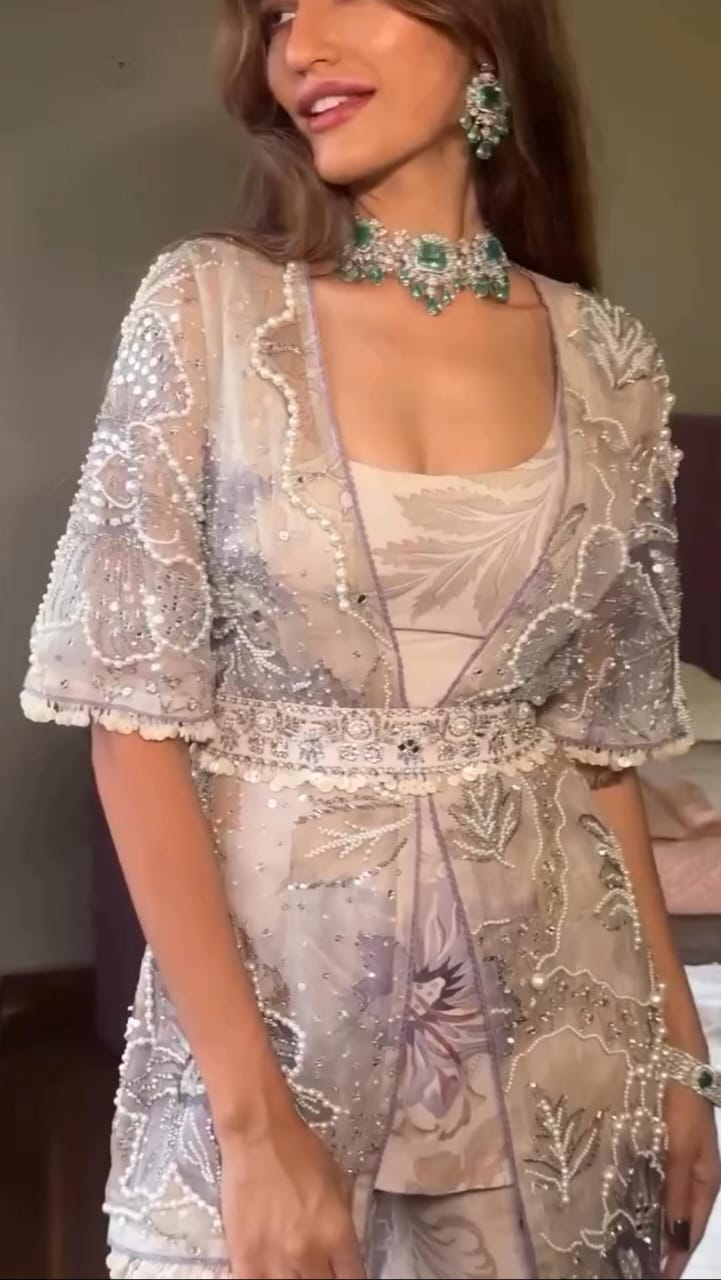 Floral Georgette Jacket Style Sharara Set with Pearl Work – Elegant Festive & Wedding Wear