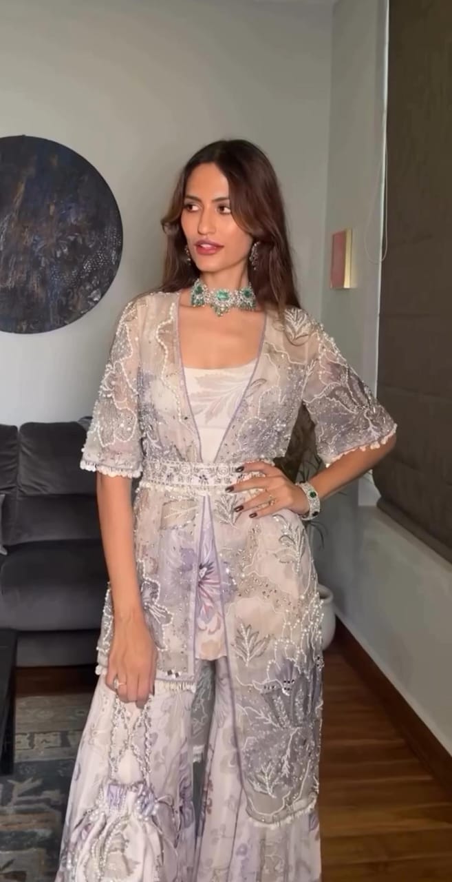 Floral Georgette Jacket Style Sharara Set with Pearl Work – Elegant Festive & Wedding Wear