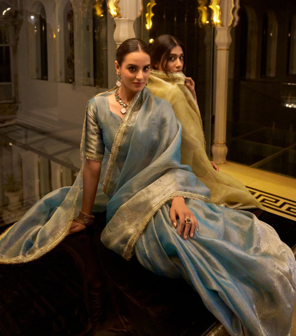 Elegant Tissue Shimmer Saree With Zari Weaving Work
