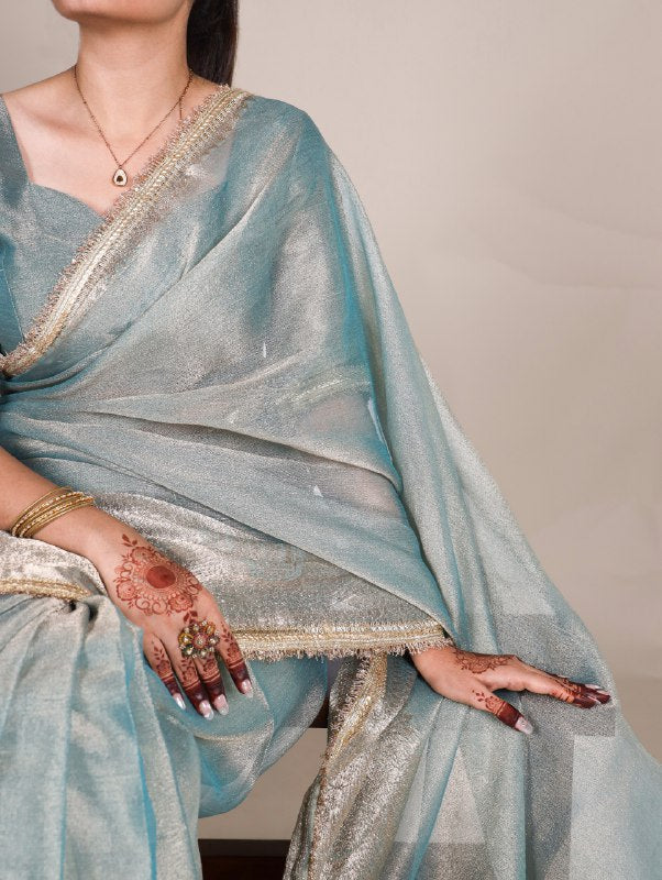 Elegant Tissue Shimmer Saree With Zari Weaving Work