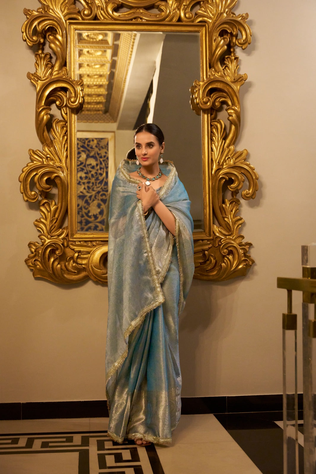 Elegant Tissue Shimmer Saree With Zari Weaving Work
