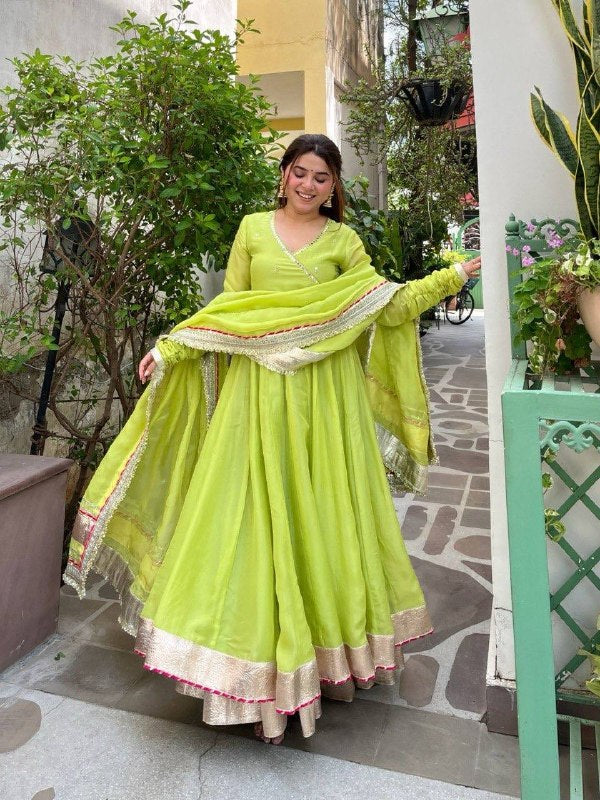 Ivory Cream Tabby Organza Silk Anarkali Lehenga Set with Dupatta | wedding wear for women