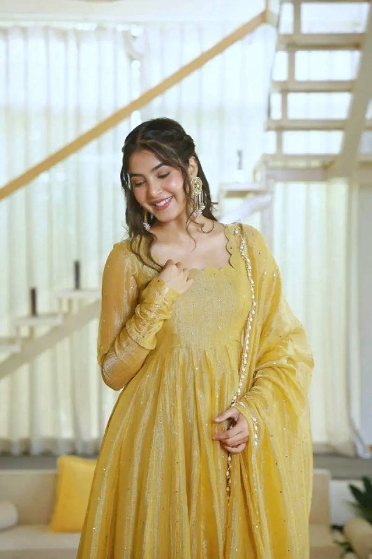 Trending Yellow Foil Work Anarkali Suit Set for Women | Wedding Wear & Festive Wear