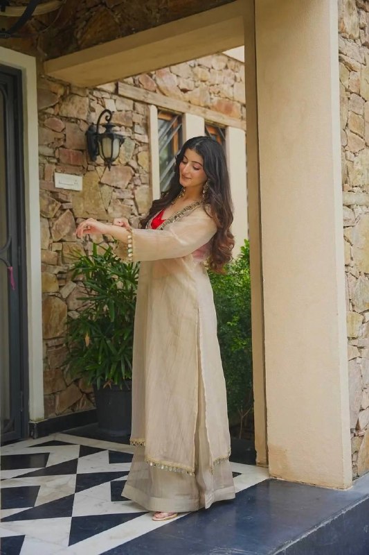 champagne beige Designer Salsa Silk Mirror Work Anarkali Palazzo Suit Set for Women | Wedding Wear & Festive Wear