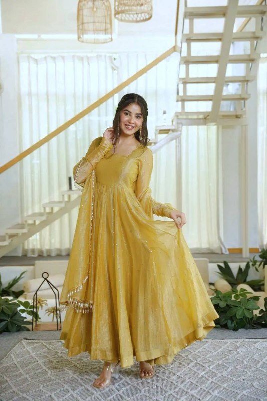 Trending Yellow Foil Work Anarkali Suit Set for Women | Wedding Wear & Festive Wear