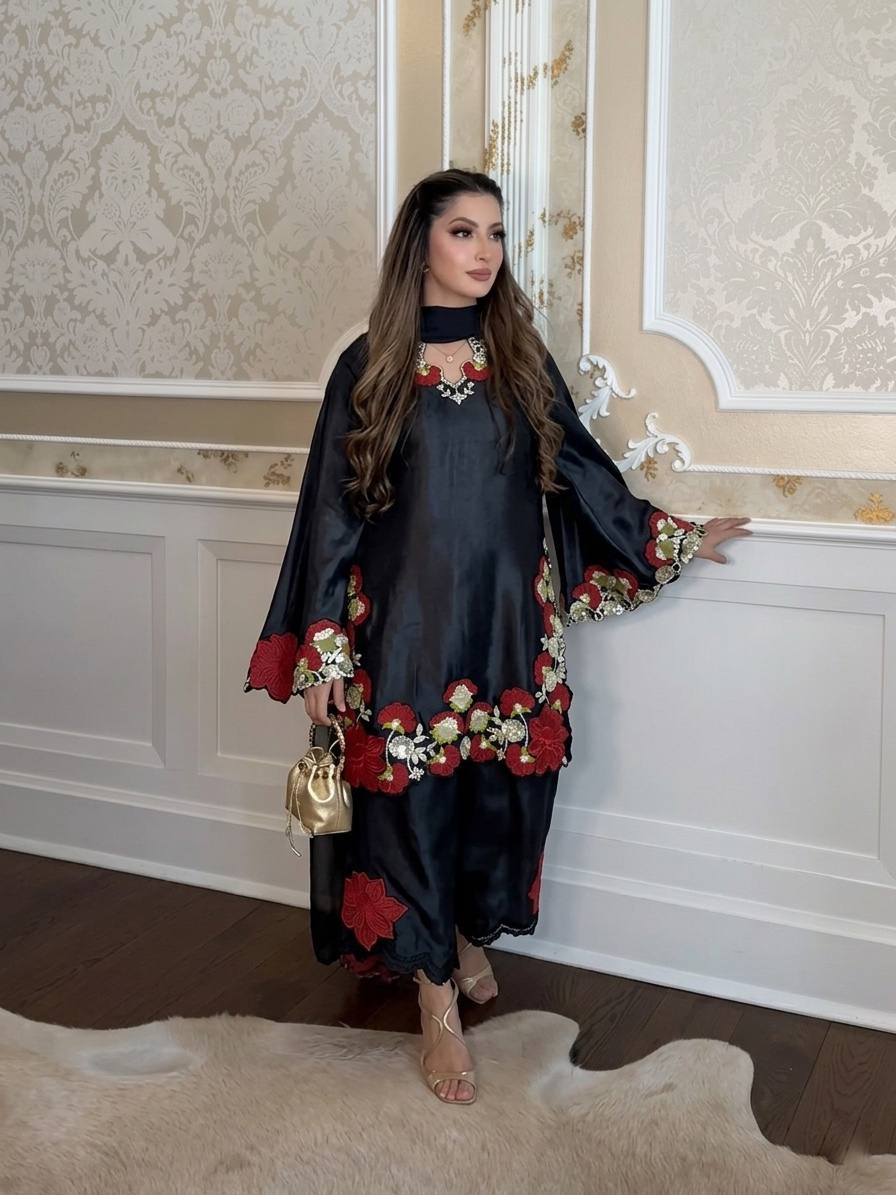 Wedding Wear Black Pakistani Style Farshi Embroidered Suit Set