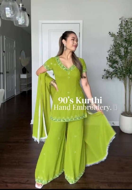 Lime Green Designer Sharara Palazzo Suit Set for Women