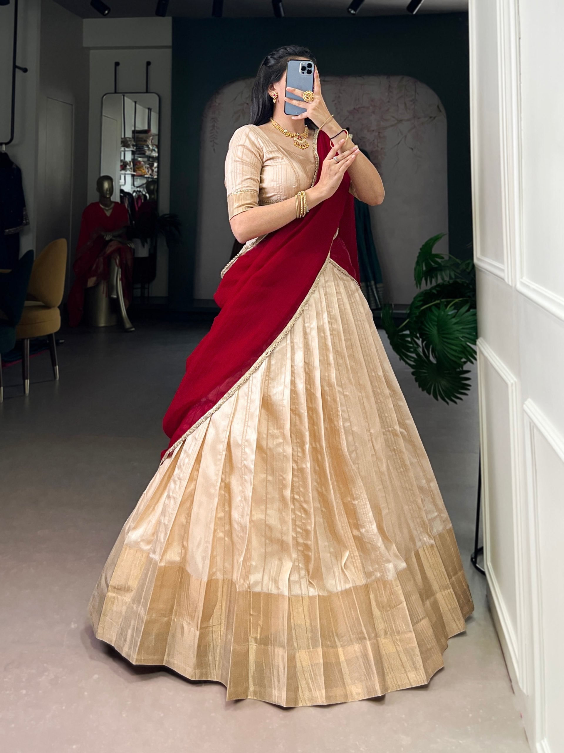 Premium Zari Weaving Traditional Cream & Maroon Lehenga choli with Silver Glossy Dupatta