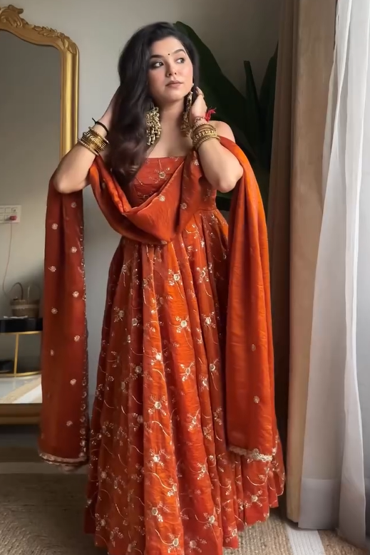 Rust Orange Pure Tissue Silk Anarkali Set with Hand Embroidery