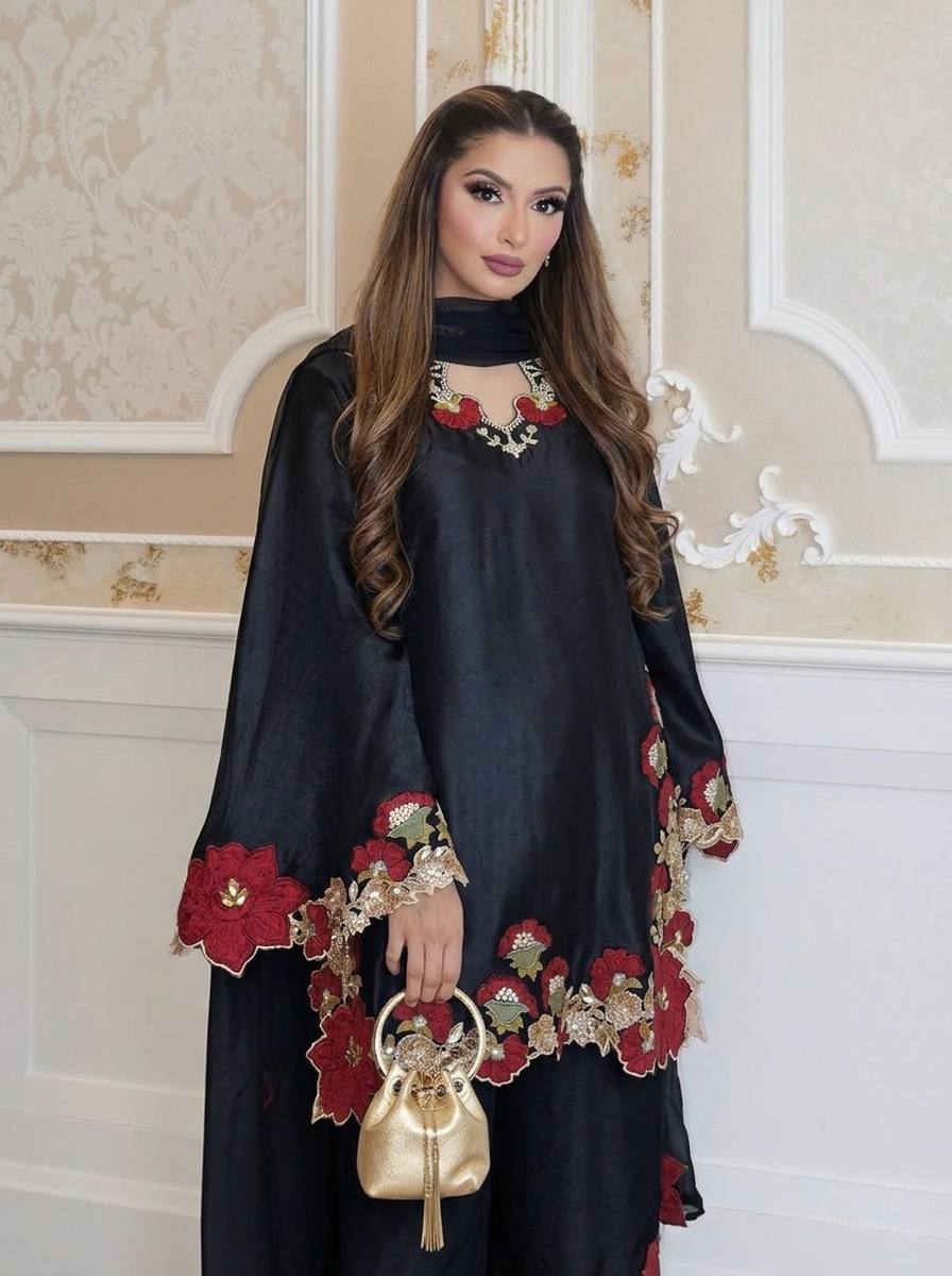 Wedding Wear Black Pakistani Style Farshi Embroidered Suit Set