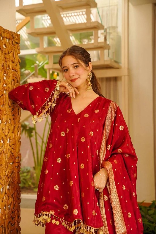 Red Satin Silk Palazzo Suit Set for Women | Designer Festive, Mehendi & Wedding Wear