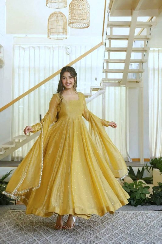 Trending Yellow Foil Work Anarkali Suit Set for Women | Wedding Wear & Festive Wear