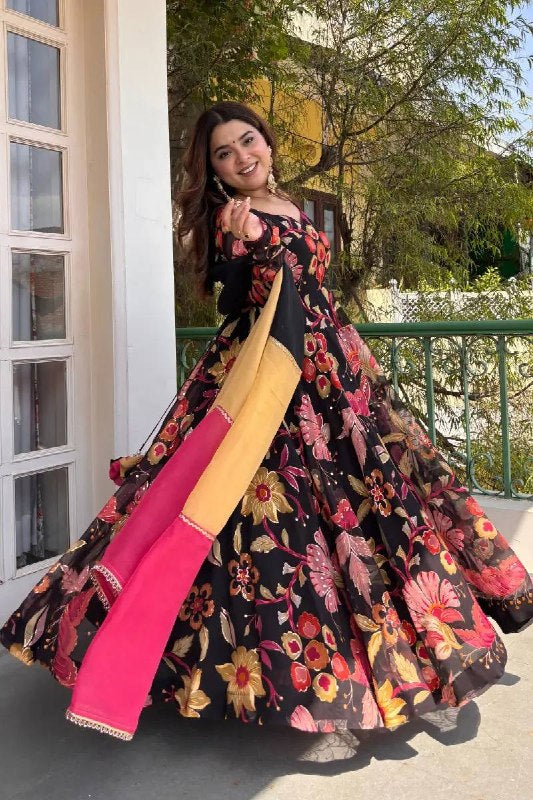 Festive Wear Black Floral Anarkali Suit Set for Women | Designer Mehendi & Wedding Wear