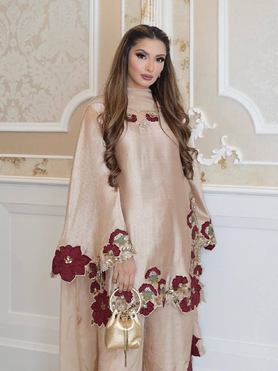 Champagne Beige Farshi Salwar Suit with Floral Embroidery & Designer Dupatta For Women