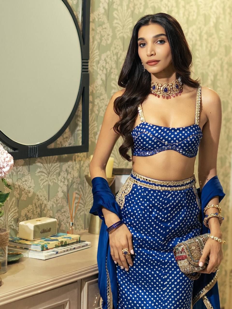 Royal Blue Bandhani Mirror Work Crop Top & Skirt Set with Dupatta for Women | Indo-Western Wedding & Sangeet Outfit