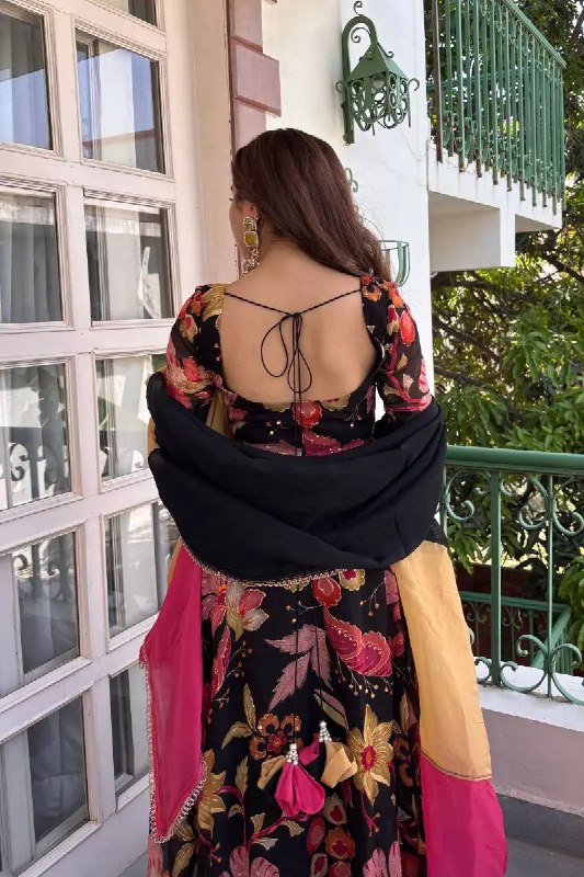 Festive Wear Black Floral Anarkali Suit Set for Women | Designer Mehendi & Wedding Wear