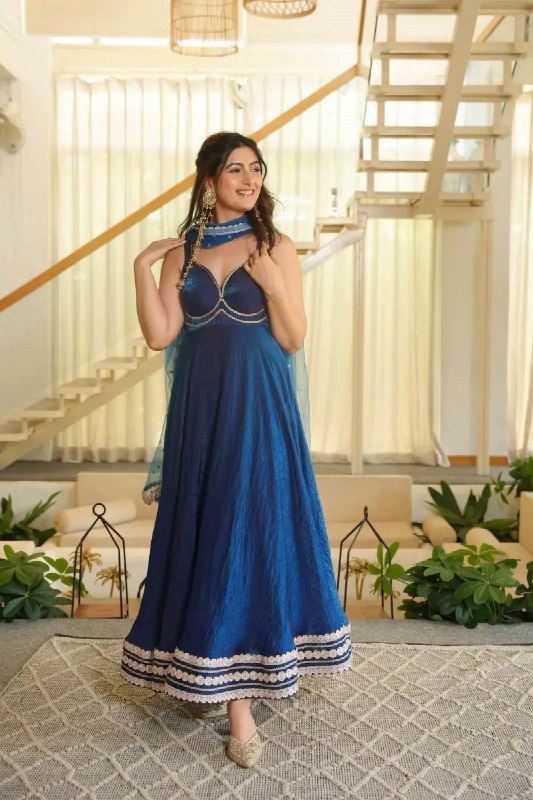 Festive Wear Navy Blue Fendy Silk Anarkali Gown with Net Dupatta Set for Women