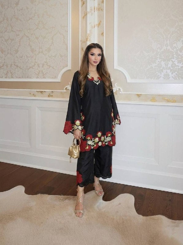 Wedding Wear Black Pakistani Style Farshi Embroidered Suit Set