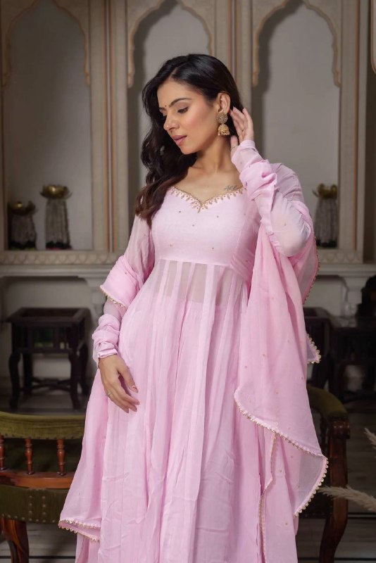 Festive Wear Pastel Pink Handwork Georgette Anarkali Suit Set for Women with Palazzo & Dupatta