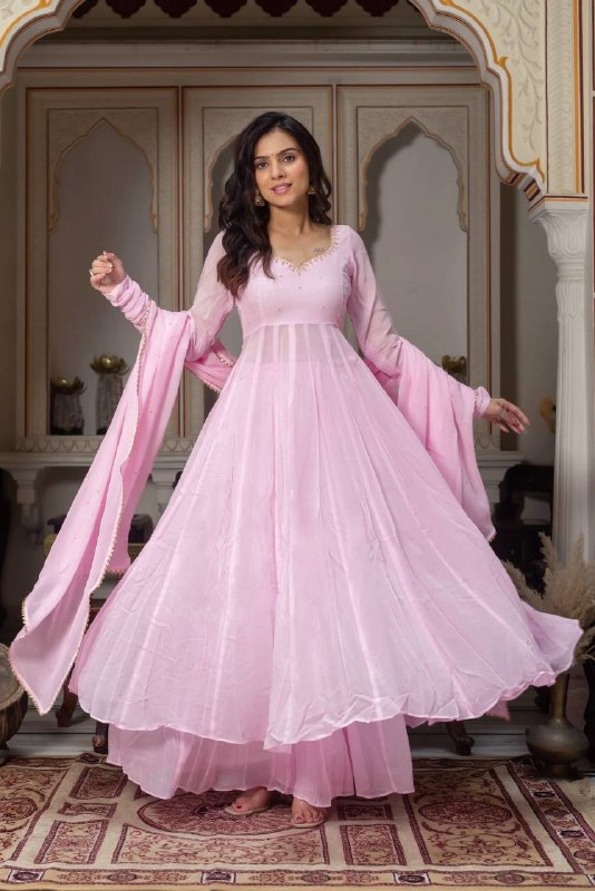 Festive Wear Pastel Pink Handwork Georgette Anarkali Suit Set for Women with Palazzo & Dupatta