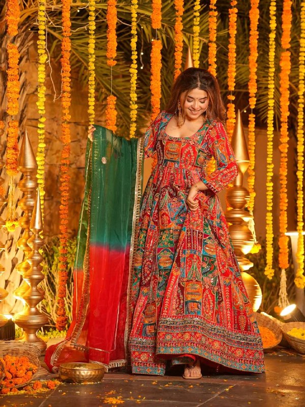 Red Multicolor Embroidered Anarkali Suit Set with Dupatta for Women
