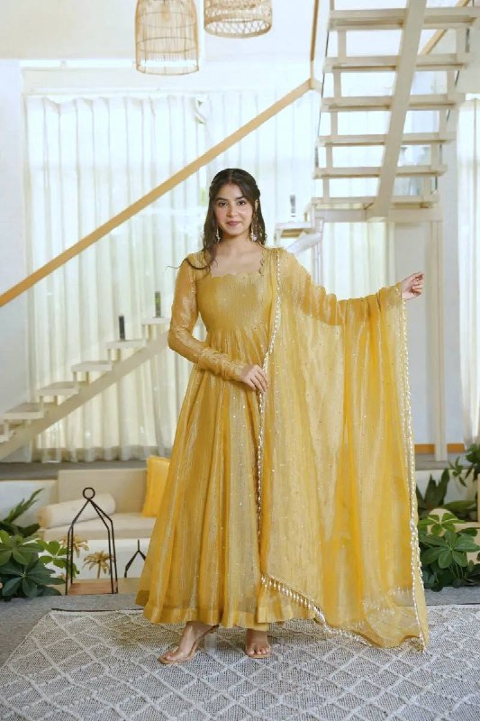 Trending Yellow Foil Work Anarkali Suit Set for Women | Wedding Wear & Festive Wear