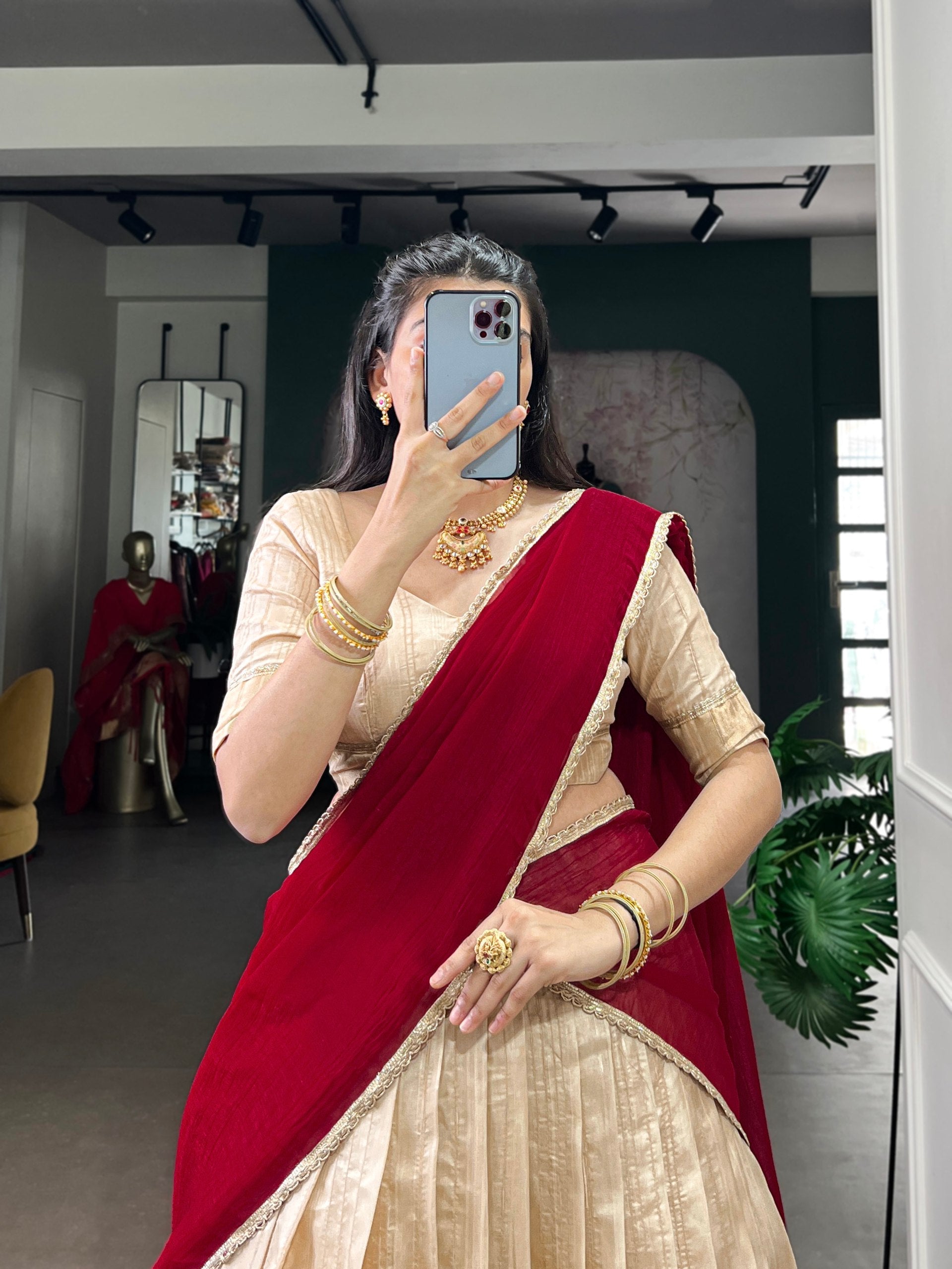 Premium Zari Weaving Traditional Cream & Maroon Lehenga choli with Silver Glossy Dupatta