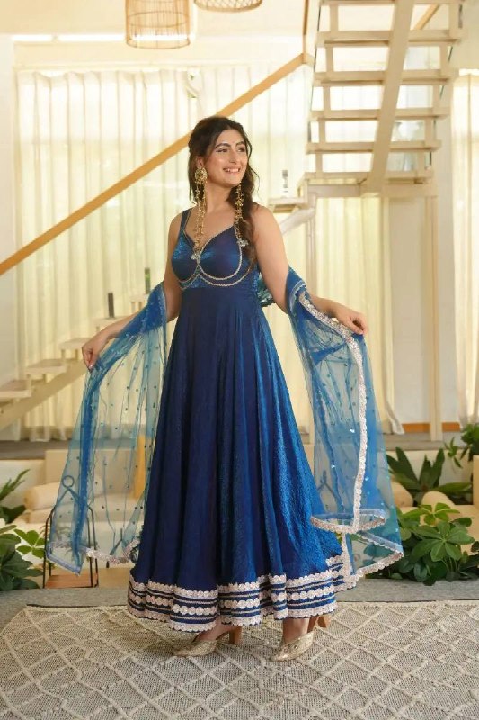 Festive Wear Navy Blue Fendy Silk Anarkali Gown with Net Dupatta Set for Women