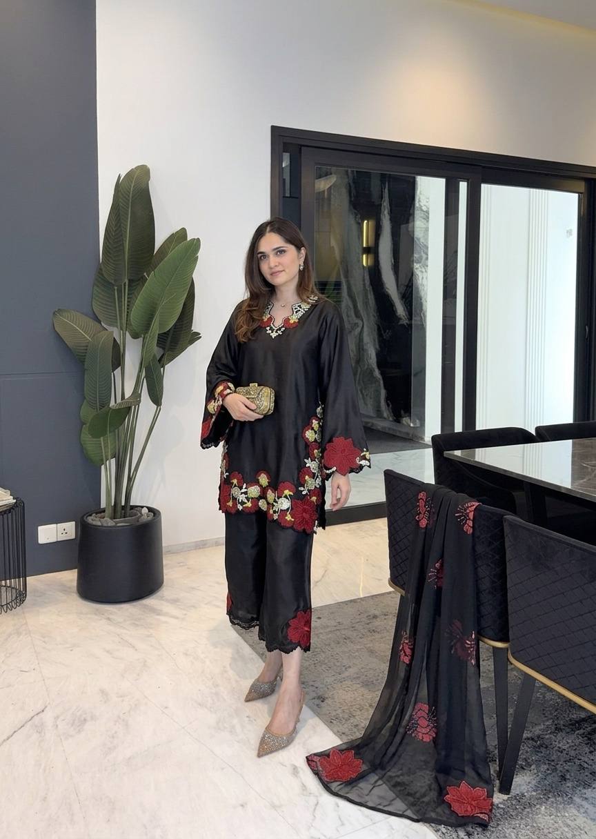 Wedding Wear Black Pakistani Style Farshi Embroidered Suit Set