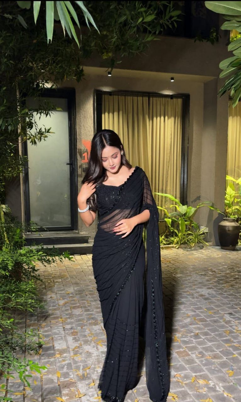 Party Wear Divine Black Sequence & Beadwork Festive Georgette Saree