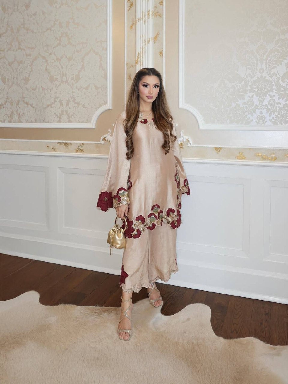 Champagne Beige Farshi Salwar Suit with Floral Embroidery & Designer Dupatta For Women