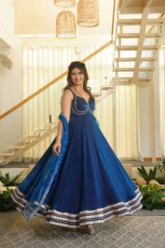 Festive Wear Navy Blue Fendy Silk Anarkali Gown with Net Dupatta Set for Women